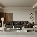 Modern Living Room Interior With Brown Sofa Beige Armchair And Wooden Wall Decor