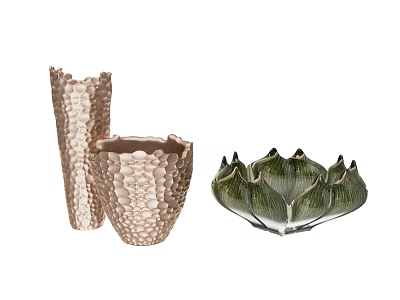 Decorative Ornament Set with Two Beige Textured Vases and Green Lotus Bowl for Interior Decoration 3d model