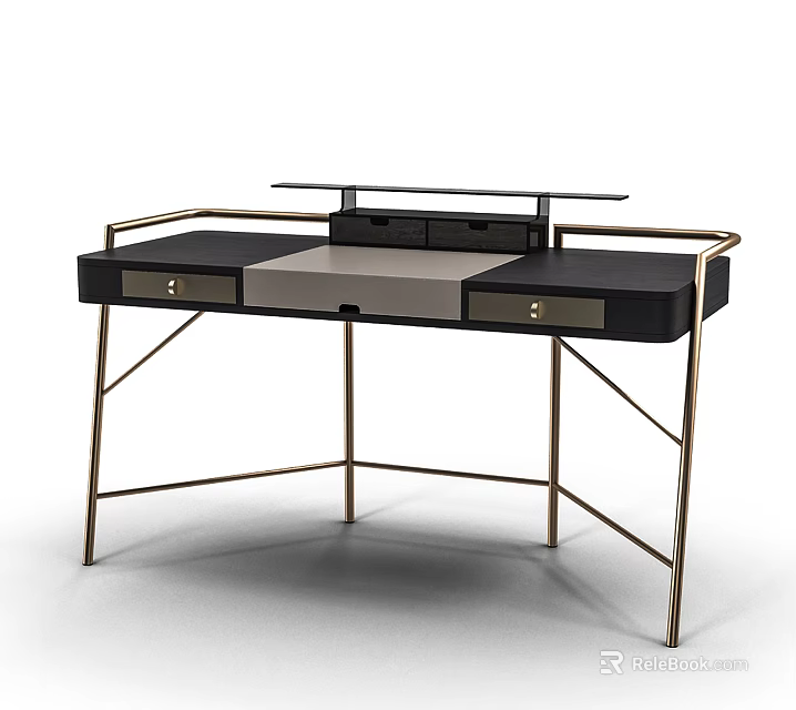 Stylish Modern Desk with Black Gold Design Metal Frame and Storage Drawers 3d model 