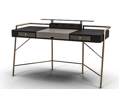 Stylish Modern Desk with Black Gold Design Metal Frame and Storage Drawers 3d model