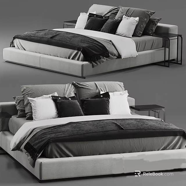 Modern Double Bed With Soft Pillows Minimalist Bedding And Nightstand Design 3d model