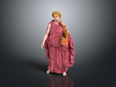 Classical Female 3D Model Statue In Red Robe With Green Turban Holding Amphora 3d model