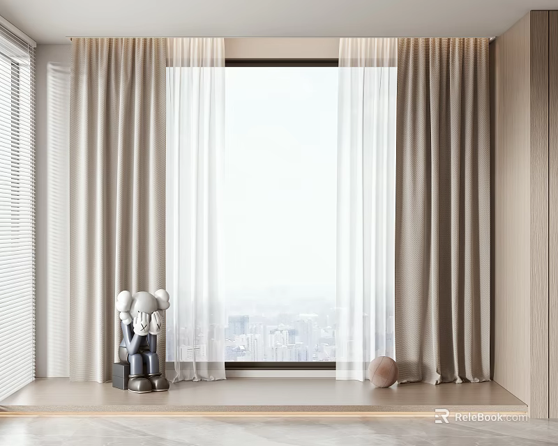 Modern Curtains in Contemporary Interior with Sheer Layers and City View 3d model 