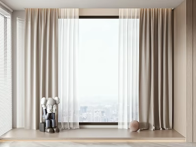 Modern Curtains in Contemporary Interior with Sheer Layers and City View 3d model