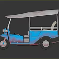 Colorful Three Wheeled Tuk Tuk Vehicle With Blue Body Pink Roof And Beige Seat
