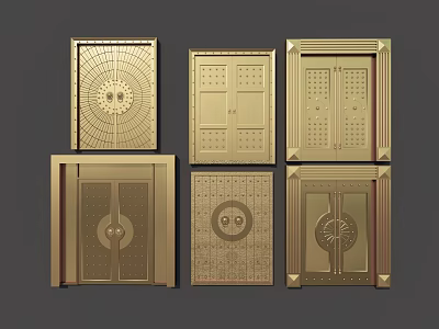 Ornate Golden Double Doors Featuring Various Carving Patterns And Panel Designs 3d model