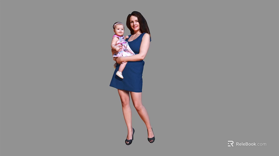Woman In Blue Dress Holding Baby In Pink Dress With Heels 3d model 