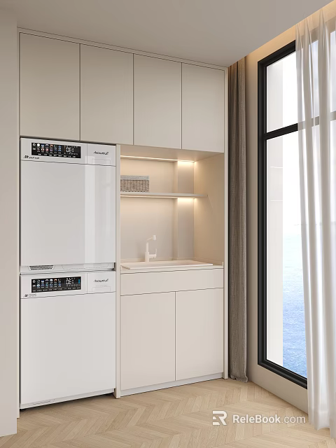 Modern Living Room With White Cabinets Washer Dryer Lit Shelves Large Windows And Sea View 3d model 