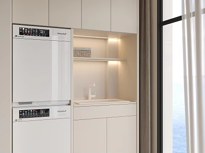 Modern Living Room With White Cabinets Washer Dryer Lit Shelves Large Windows And Sea View 3d model