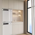 Modern Living Room With White Cabinets Washer Dryer Lit Shelves Large Windows And Sea View