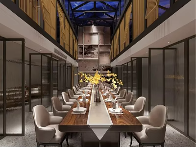 Modern Restaurant Interior With Long Wooden Dining Table And Yellow Flower Arrangement 3d model