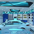 Car Dealership Showroom With New Cars Auto Parts Display Blue Wave Ceiling Information Kiosks