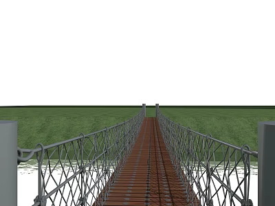 Red Wooden Plank Suspension Bridge with Metal Railings Over Green Grass 3d model