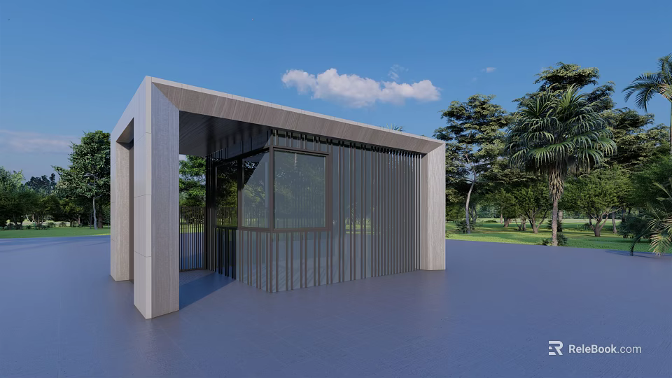 Modern Open Pavilion With Glass Walls Metal Frames Green Trees And Blue Sky Over Lawn 3d model 