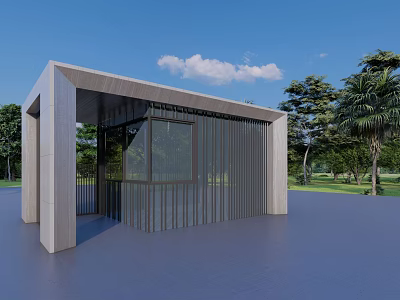 Modern Open Pavilion With Glass Walls Metal Frames Green Trees And Blue Sky Over Lawn 3d model