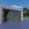 Modern Open Pavilion With Glass Walls Metal Frames Green Trees And Blue Sky Over Lawn