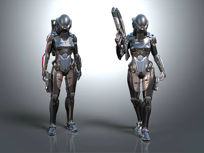 3D Render Of Futuristic Armored Characters In Advanced Combat Armor With Weapon 3d model