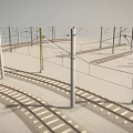 Outdoor Industrial Equipment Featuring Railway Tracks Electric Poles Power Lines and Fencing
