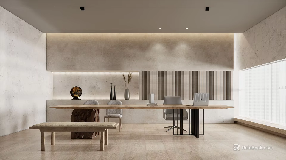 Modern Tea Room Interior Design With Long Wooden Table And Decorative Vases 3d model 