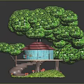 Blue Treehouse Architecture With Red Roof Green Trees Steps And Mushrooms