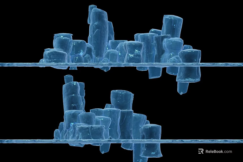 Blue Ice Column Structures With Crystalline Formations On Black Background 3d model 