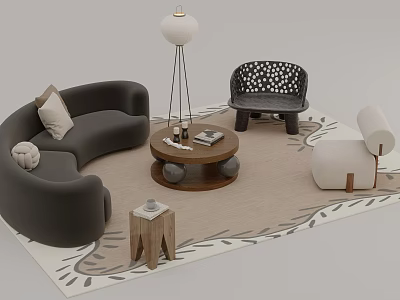 Modern Curved Gray Sofa Set With Round Coffee Table And Accent Chair On Beige Rug 3d model