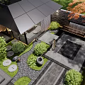 Serene Dry Landscape Garden Design With Zen Stones Raked Gravel Traditional Pavilion And Lush Greenery