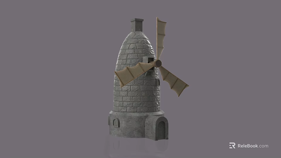 Detailed Traditional Brick Tower Structure With Windmill Blades And Arched Openings 3d model 