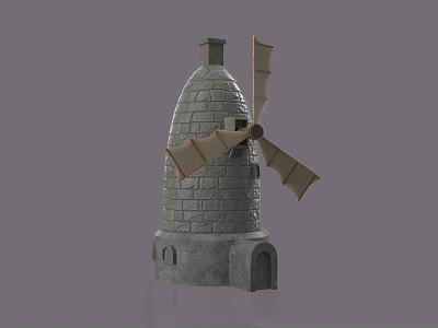 Detailed Traditional Brick Tower Structure With Windmill Blades And Arched Openings 3d model