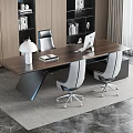 Modern Office Interior Design With Wooden Desk Table Lamp Laptop Gray Chairs And Bookshelf