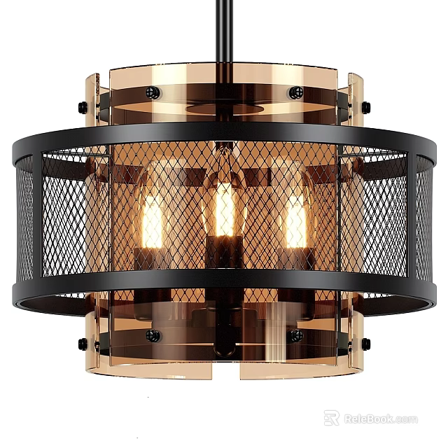 Industrial Modern Metal Chandelier with Black Copper Mesh Round Design and Illuminated Bulbs 3d model 