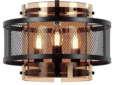 Industrial Modern Metal Chandelier with Black Copper Mesh Round Design and Illuminated Bulbs 3d model