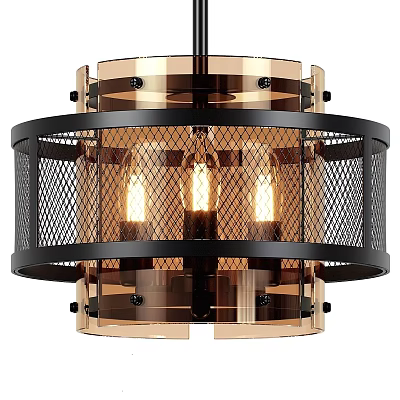 Industrial Modern Metal Chandelier with Black Copper Mesh Round Design and Illuminated Bulbs 3d model