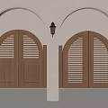 Traditional Arched Doorway Design With Wooden Louvered Doors And Wall Lantern