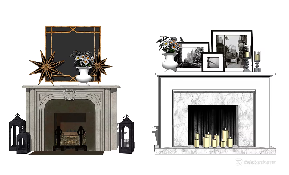 Stylish Fireplace Mantel with Vases Candles and Picture Frames Decor 3d model 