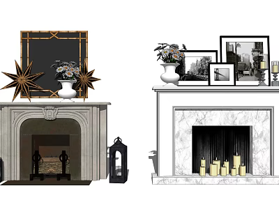 Stylish Fireplace Mantel with Vases Candles and Picture Frames Decor 3d model