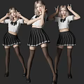 Women in White Crop Tops with Black Bows Pleated Skirts and Stockings Different Poses