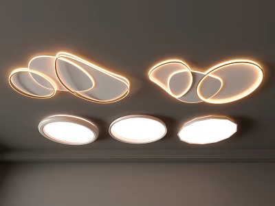 Modern Ceiling Lights With Curved And Circular Ring Shapes Emitting Warm Glow 3d model