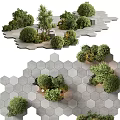 Garden Landscape Design Featuring Hexagonal Stone Slabs With Green Shrubs Trees And Cube Structures 3d model