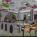 Elegant Restaurant Interior With Colorful Floral Ceiling Arched Wall White Pillars And Dining Tables Chairs