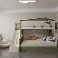 Kids Room Interior Design With Green Bunk Bed Study Desk Storage Cabinets And Astronaut Decor