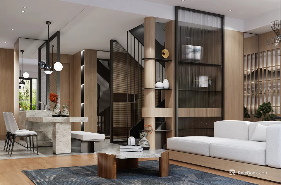 Modern Living Dining Room Interior With Sofa Coffee Table Dining Table Staircase And Wooden Shelves 3d model 