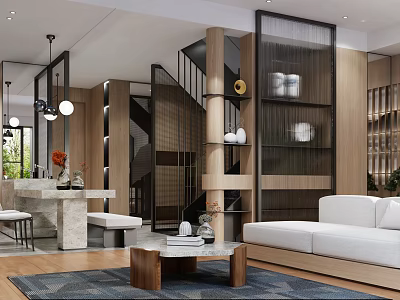 Modern Living Dining Room Interior With Sofa Coffee Table Dining Table Staircase And Wooden Shelves 3d model