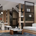 Modern Living Dining Room Interior With Sofa Coffee Table Dining Table Staircase And Wooden Shelves