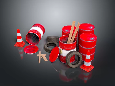 Household Items Display With Red Buckets Traffic Cones Tires And Wooden Sticks 3d model