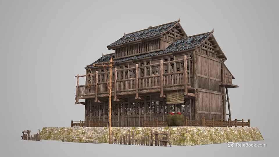 Traditional Ancient Wooden Building With Tiled Roof Balcony And Stone Wall 3d model 