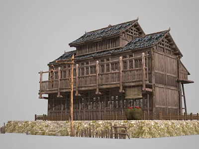 Traditional Ancient Wooden Building With Tiled Roof Balcony And Stone Wall 3d model