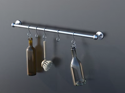 Stainless Steel Wall Mounted Kitchen Utensil Rack with Glass Bottles and Brush 3d model
