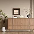 Wooden Entryway Cabinet Sideboard With Drawers Potted Plant And Checkerboard Wall Art 3d model