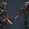 Small And Large Armored Warrior Characters Holding Axes With Detailed Armor And Red Accents